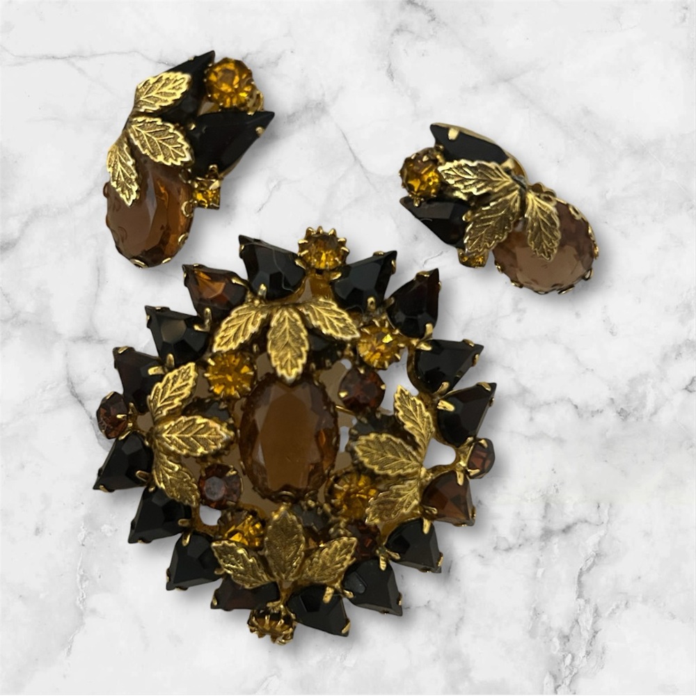 Vintage Juliana Brooch & Earring Set - Amber Topaz Rhinestone Gold Leaf